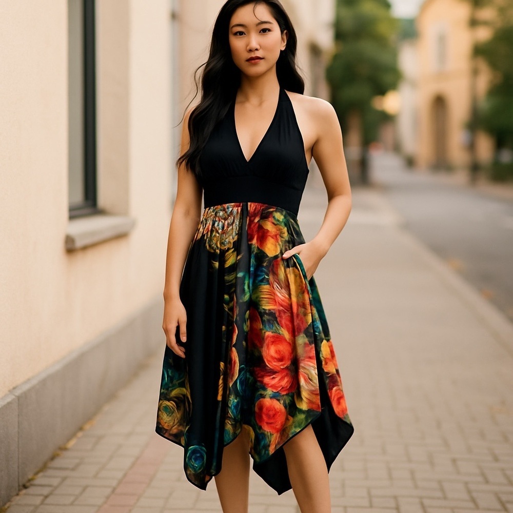 Yo-yo handkerchief halter dress shark bite hem. Colorful abstract design.‎ SZ 4
